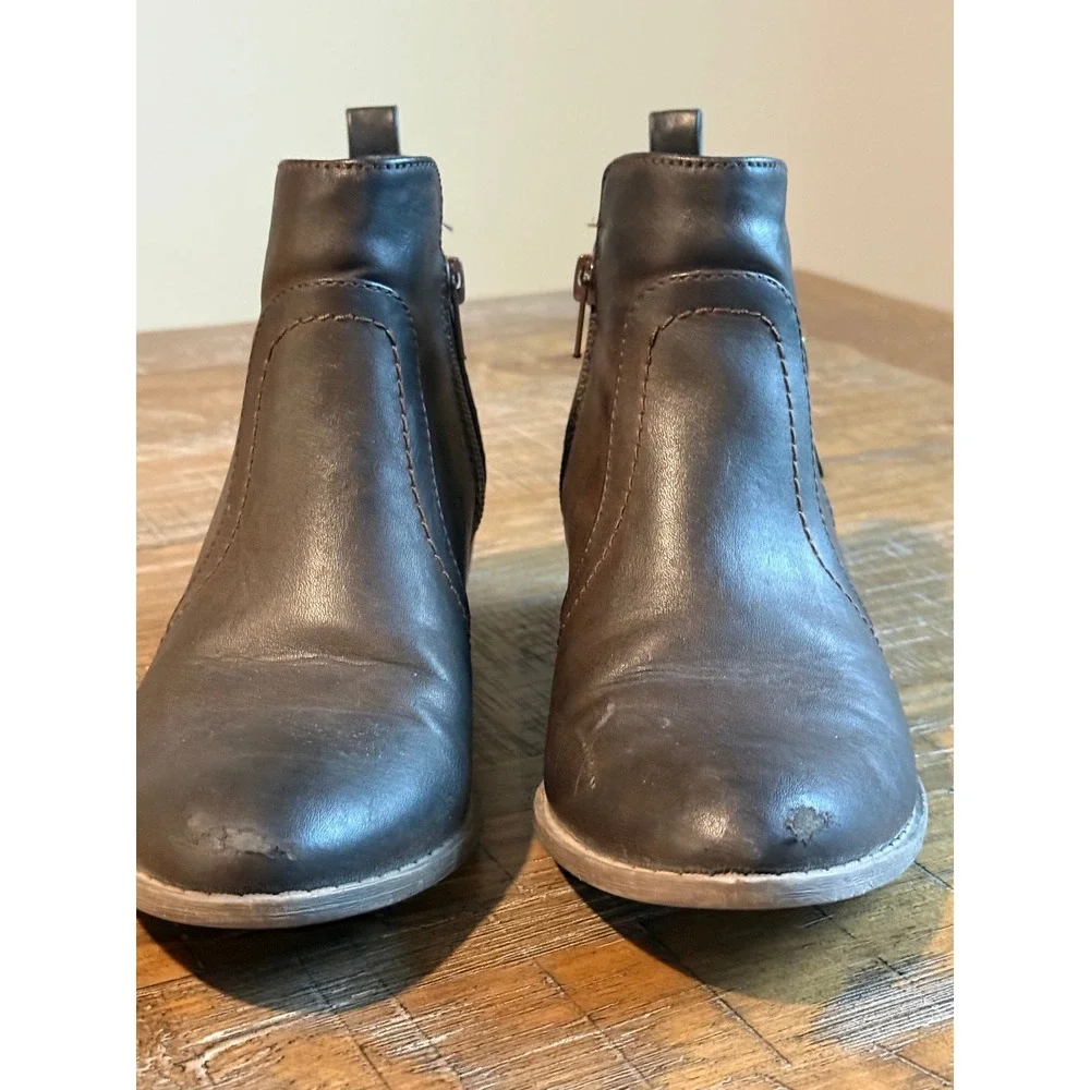 Guess Women's Brown Leather Side Zip Ankle Boots 7 Bootie‎ Block Heel Casual